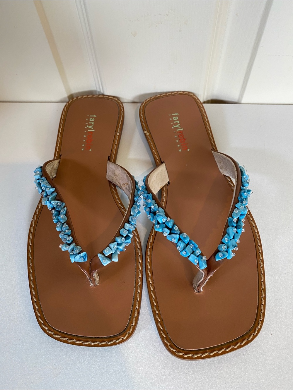 Farylrobin Turquoise Beaded Leather Slide Sandals
